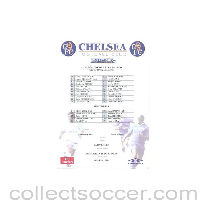 2002 - Chelsea v Newcastle United official colour teamsheet 14/09/2002 Premier League