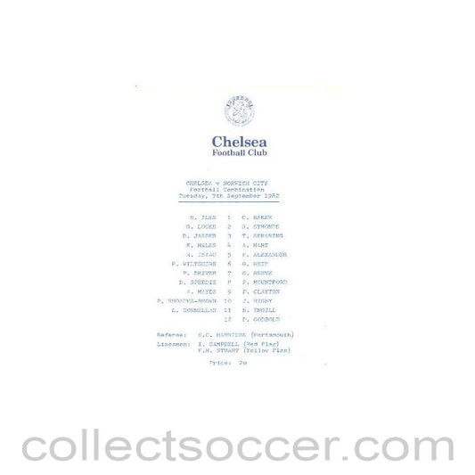 1982 - Chelsea v Norwich City official programme 07/09/1982 Reserves