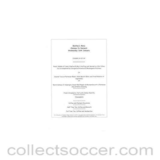 2002 - Chelsea v Norwich City Bentley's menu 16/01/2002 F.A. Cup