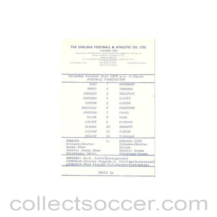 1978 - Chelsea Reserves v Norwich City Reserves official programme 21/10/1978