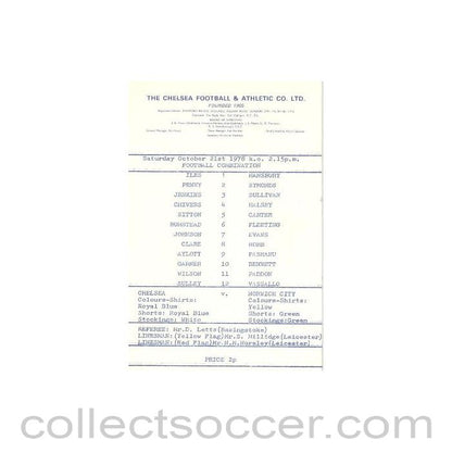 1978 - Chelsea Reserves v Norwich City Reserves official programme 21/10/1978