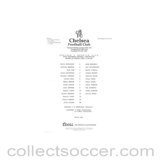 1994 - Chelsea v Norwich City Reserves official teamsheet 22/08/1994 Football Combination