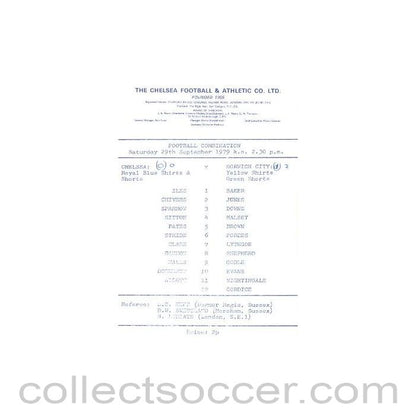 1979 - Chelsea v Norwich City official programme 29/09/1979 Reserves