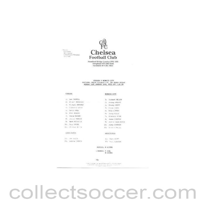1994 - Chelsea v Norwich City official teamsheet 31/01/1994