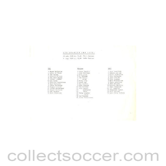 1976 - Chelsea v OIS 29/07/1976 and Chelsea v GAIS 01/08/1976 official teamsheet Sir Stanley Cup 1976