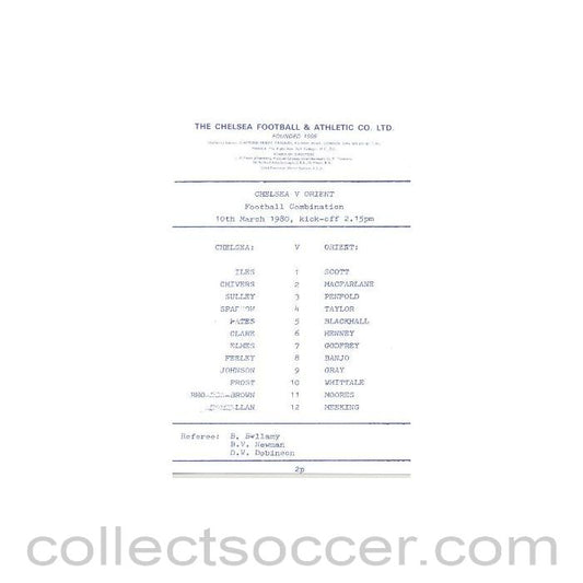 1980 - Chelsea v Leyton Orient official programme 10/03/1980 Reserves