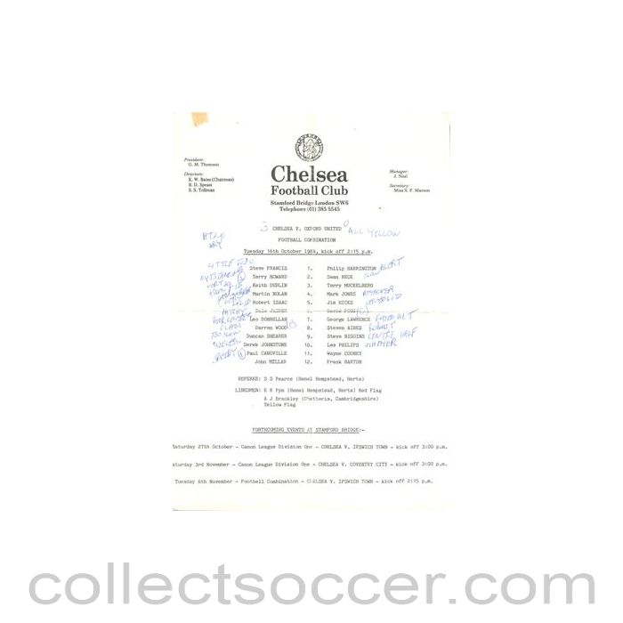 1984 - Chelsea v Oxford United Reserves official teamsheet 16/10/1984 Football Combination, with a newspaper cutting