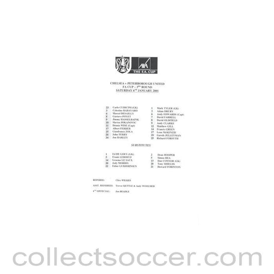 2001 - Chelsea v Peterborough official teamsheet 06/01/2001 F.A. Cup
