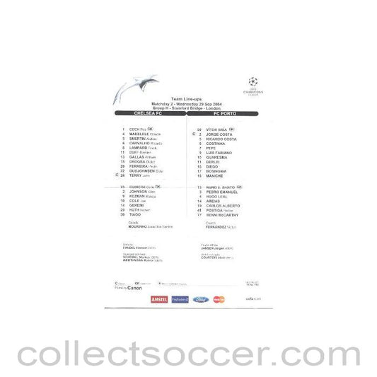 2004 - Chelsea v Porto teamsheet 29/09/2004
