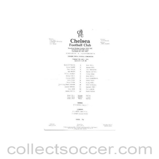 1991 - Chelsea v Portsmouth official teamsheet 09/04/1991