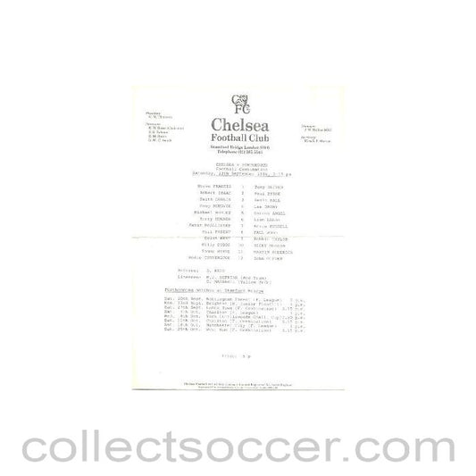 1986 - Chelsea v Portsmouth official teamsheet 13/09/1986
