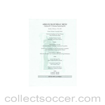 2002 - Chelsea v Preston North End Arkles menu 17/02/2002