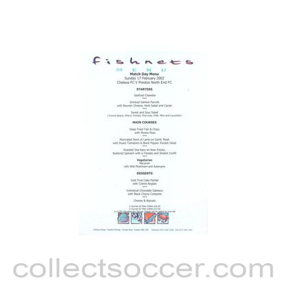 2002 - Chelsea v Preston North End Fishnets menu 17/02/2002