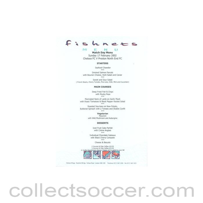 2002 - Chelsea v Preston North End Fishnets menu 17/02/2002