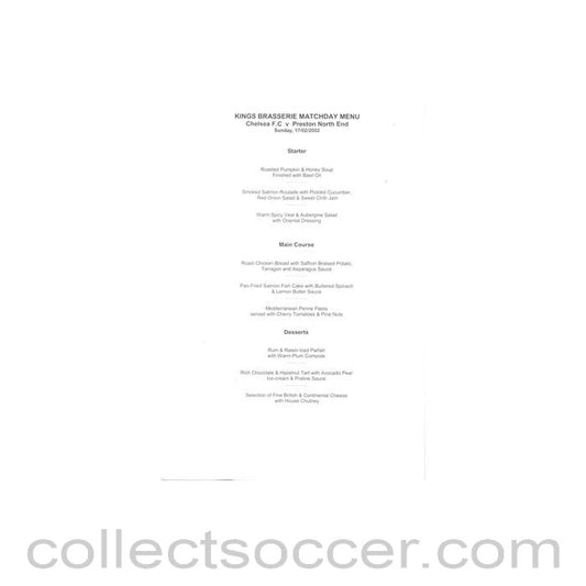 2002 - Chelsea v Preston North End Kings Brasserie menu 17/02/2002