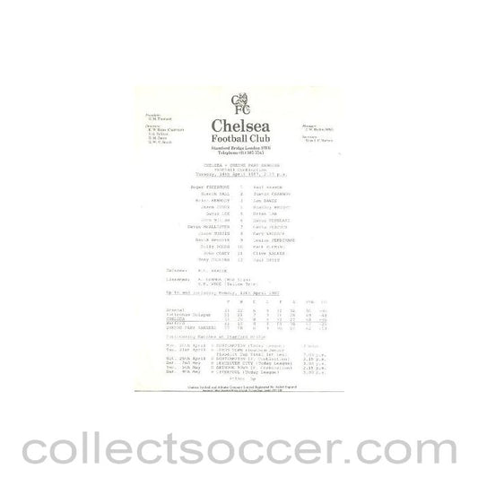 1987 - Chelsea v Queen's Park Rangers official teamsheet 14/04/1987 Reserves