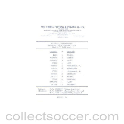 1979 - Chelsea v Reading official programme 06/10/1979 Reserves