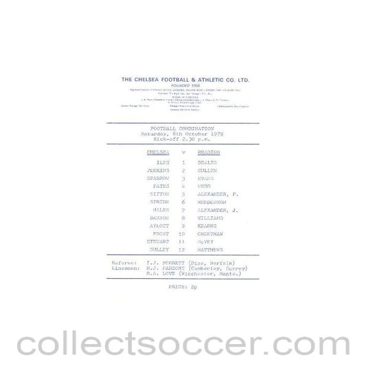 1979 - Chelsea v Reading official programme 06/10/1979 Reserves