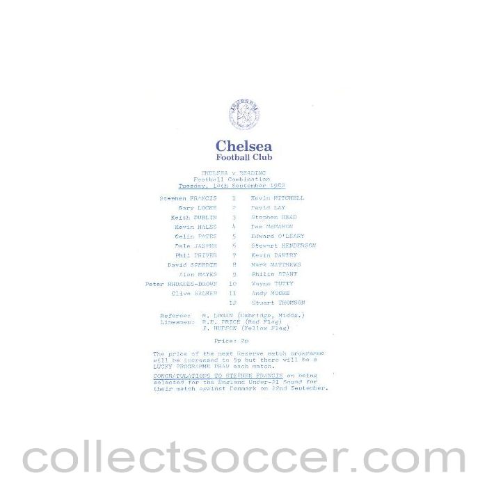 1982 - Chelsea v Reading official programme 14/09/1982 Reserves