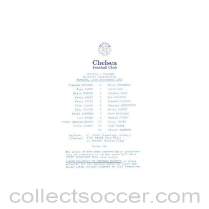 1982 - Chelsea v Reading official programme 14/09/1982 Reserves