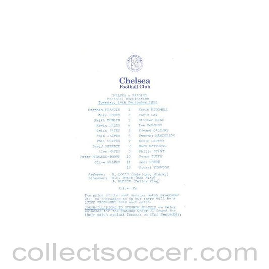 1982 - Chelsea v Reading official programme 14/09/1982 Reserves