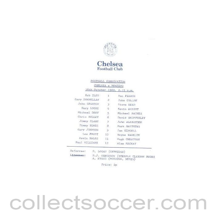1980 - Chelsea v Reading official programme 18/10/1980 Reserves