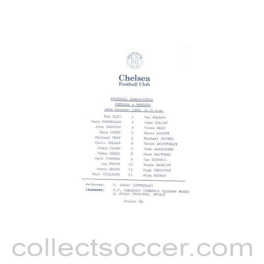 1980 - Chelsea v Reading official programme 18/10/1980 Reserves