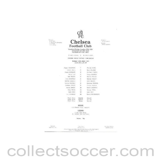 1991 - Chelsea v Reading official teamsheet 19/03/1991