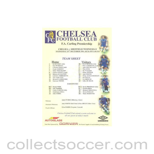 1999 - Chelsea v Sheffield Wednesday official colour teamsheet 29/12/1999 Premier League