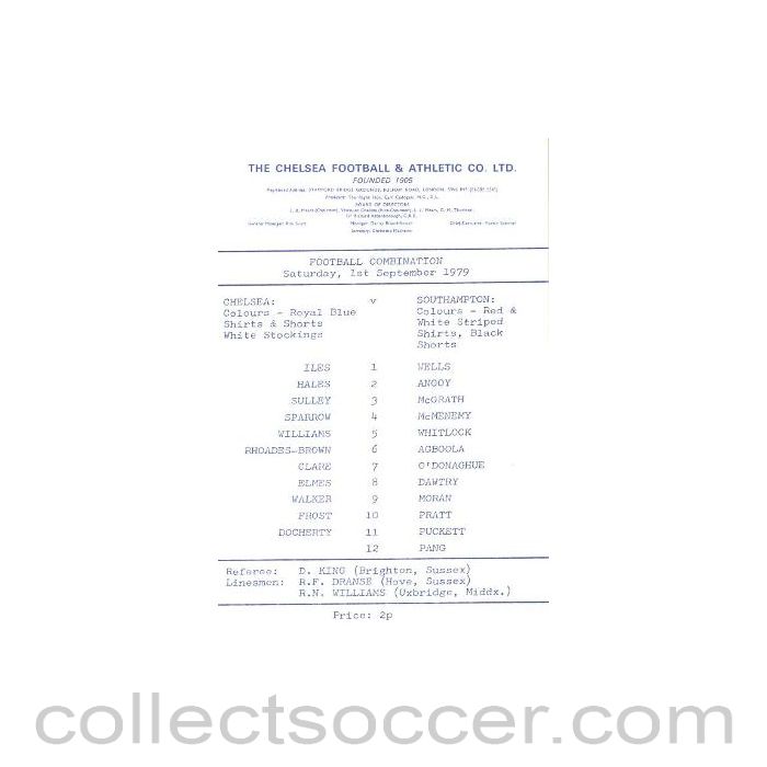 1979 - Chelsea v Southampton official programme 01/09/1979 Reserves