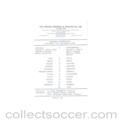 1979 - Chelsea v Southampton official programme 01/09/1979 Reserves