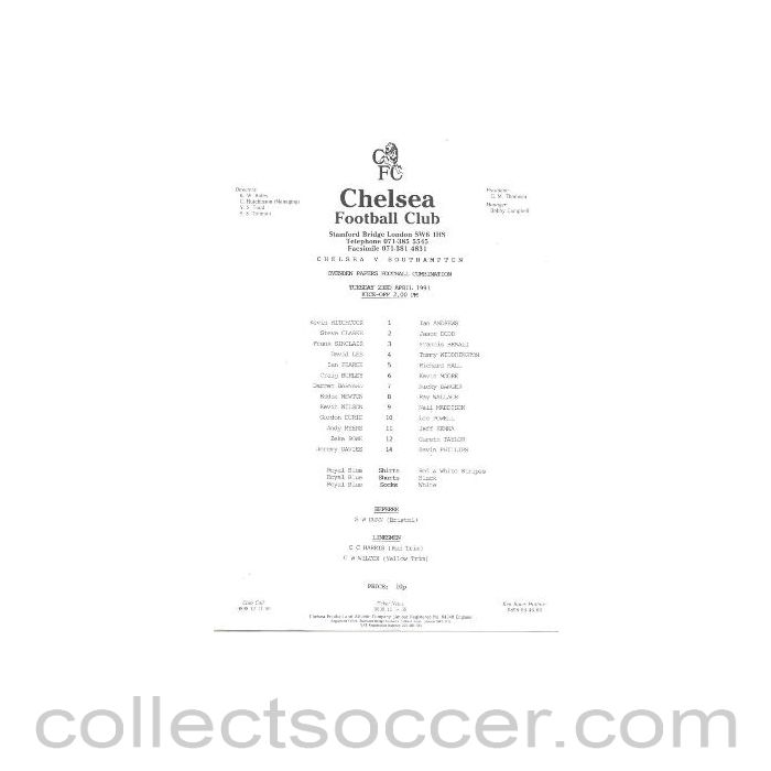 1991 - Chelsea v Sothampton official teamsheet 23/04/1991