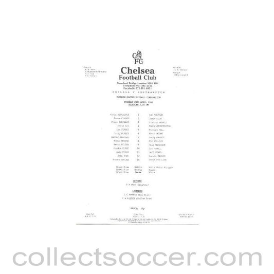 1991 - Chelsea v Sothampton official teamsheet 23/04/1991