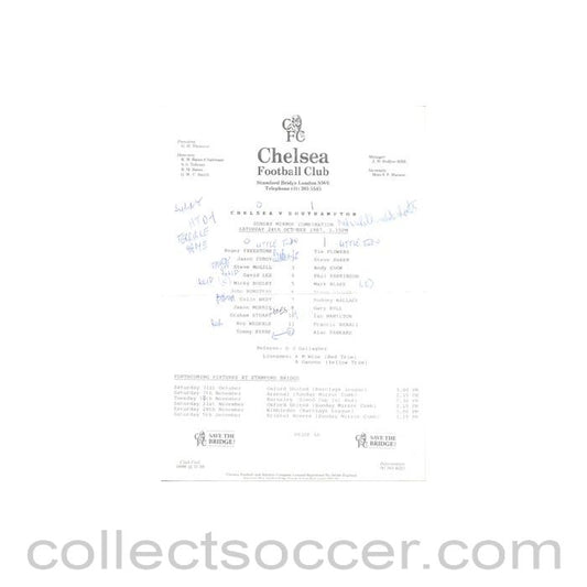 1987 - Chelsea v Southampton Reserves official teamsheet 24/10/1987 Football Combination