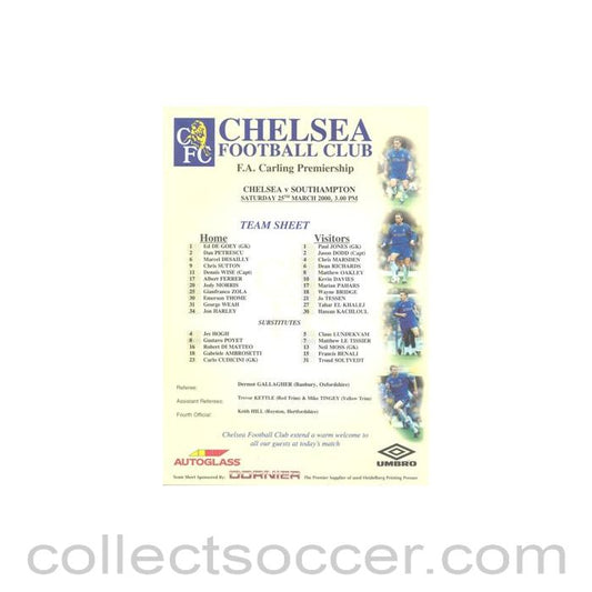 2000 - Chelsea v Southampton official colour teamsheet 25/03/2000 Premier League