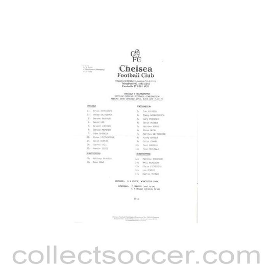 1993 - Chelsea v Southampton Reserves official teamsheet 18/10/1993 Football Combination