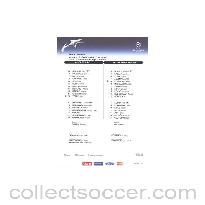 2003 - Chelsea v Sparta Prague official colour teamsheet 26/11/2003 Champions League