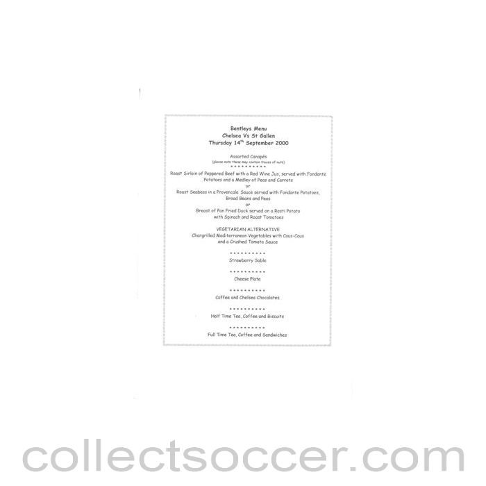 2000 - Chelsea v St. Gallen Switzerland Bentley's menu 14/09/2000