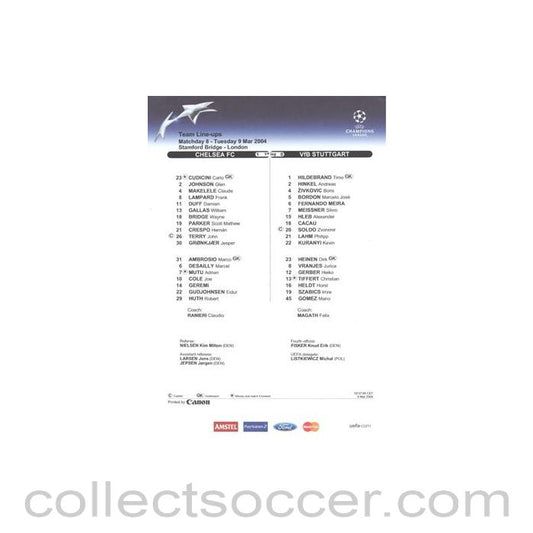 2004 - Chelsea v Stuttgart official colour teamsheet 09/03/2004 Champions League
