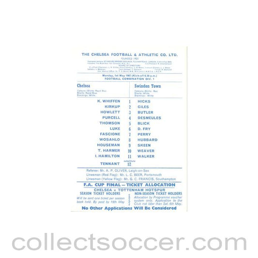 1967 - Chelsea v Swindon Town Reserves official programme 01/05/1967 Football Combination