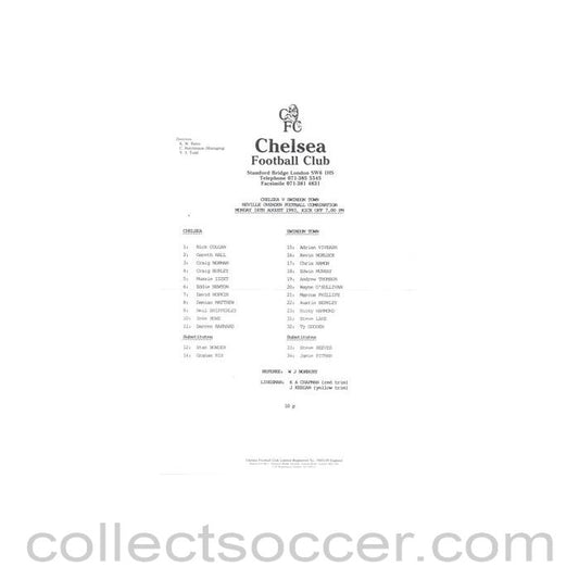 1993 - Chelsea v Swindon Town Reserves official teamsheet 16/08/1993 Neville Ovenden Football Combination