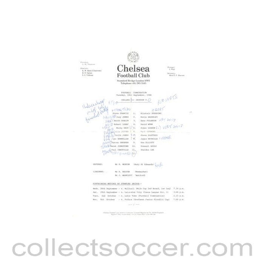1984 - Chelsea v Swindon Town Reserves official teamsheet 18/09/1984 Football Combination