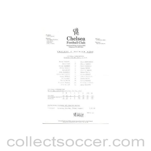 1987 - Chelsea v Swindon Town official teamsheet 05/05/1987