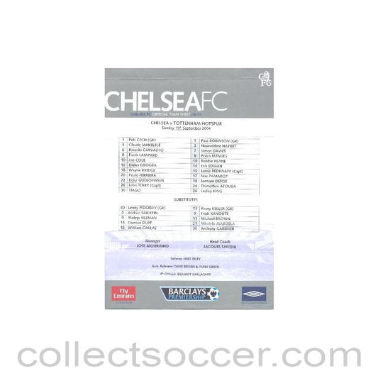 2004 - Chelsea v Tottenham Hotspur official teamsheet 19/09/2004