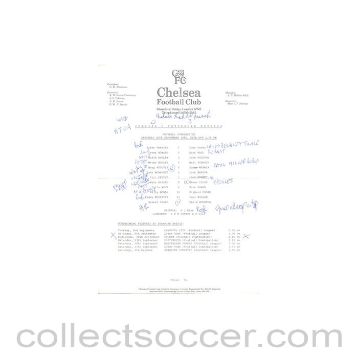 1986 - Chelsea v Tottenham Hotspur Reserves official teamsheet 30/09/1986 Football Combination