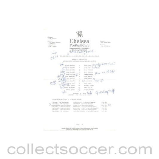 1986 - Chelsea v Tottenham Hotspur Reserves official teamsheet 30/09/1986 Football Combination