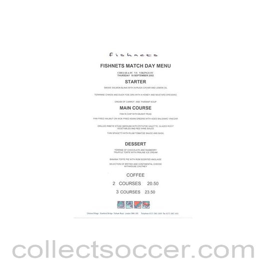 2002 - Chelsea v Viking Fishnets menu 19/09/2002 UEFA Cup