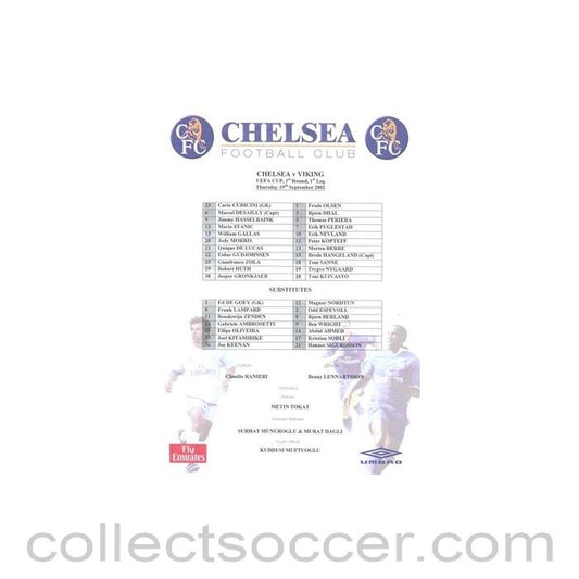 2002 - Chelsea v Viking official colour teamsheet 19/09/2002 UEFA Cup