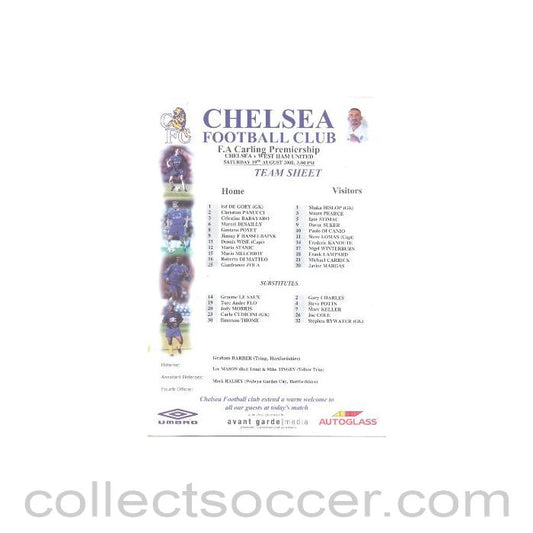 2000 - Chelsea v West Ham United official colour teamsheet 19/08/2000 F.A .Carling Ptremiership