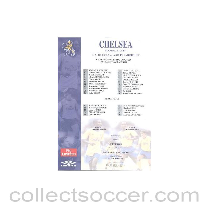 2002 - Chelsea v West Ham United official colour teamsheet 20/01/2002 F.A .Barclaycard Ptremiership